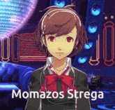 a picture of a girl with red eyes and the words momazos strega on the bottom