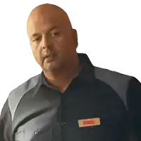 a bald man wearing a black shirt with a name tag that says ' r. ' on it
