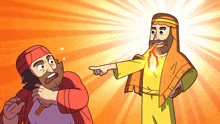a cartoon of a man pointing at another man with a flame in his mouth