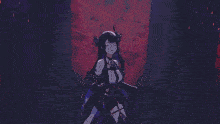 a woman with horns is standing in a dark room with candles