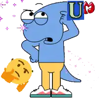 a cartoon character with a blue letter u on his head