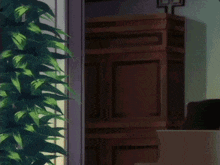 a girl with pink hair is peeking out from behind a door