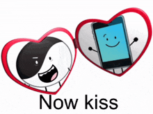 a heart shaped mirror with a phone inside and the words now kiss