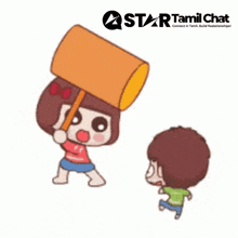 a cartoon of a boy and a girl with a star tamil chat logo behind them