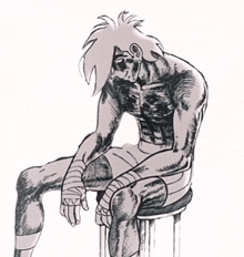 a drawing of a boxer sitting on a stool with his head down