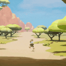 a cartoon character is walking down a dirt road with trees in the background