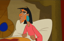 a cartoon character is laying in a bed with a red shirt on