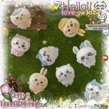 a picture of stuffed animals with the words " have a beautiful day " on the bottom