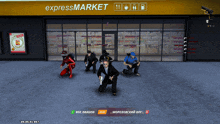 a group of people standing in front of a express market