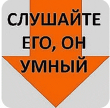 an arrow pointing down with the words " слушайте его он умный "
