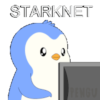 a cartoon of a penguin looking at a computer screen with the words starknet behind him