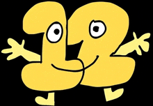 a cartoon drawing of two yellow numbers with arms and legs on a black background