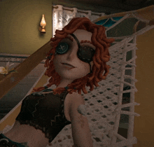 a cartoon character with red hair and a button on her eye