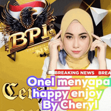 a woman in a hijab is standing in front of a breaking news headline