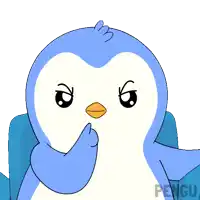 a blue and white penguin with the word pengu on the bottom left