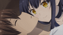 a girl with yellow eyes is kissing a boy