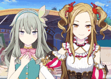 two anime girls standing next to each other with one wearing a pink bow