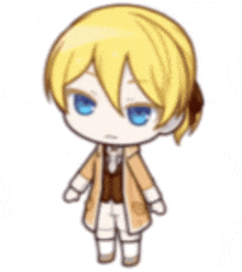 a cartoon character with blue eyes and blonde hair
