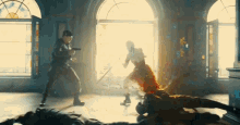 a man holding a gun and a woman holding a sword are fighting in a room .