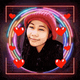 a woman in a pink hat is surrounded by hearts and neon lights