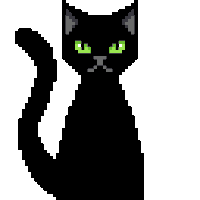 it is a pixel art of a black cat with green eyes .