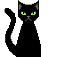 it is a pixel art of a black cat with green eyes .