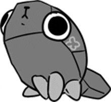 a black and white drawing of a cartoon fish with a big eye sitting down .