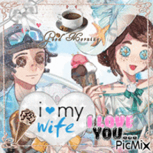 a picture of a man and a woman holding ice cream cones with a heart that says i love my wife