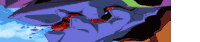 a close up of a purple and green cartoon character 's face