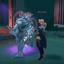 a woman standing next to a monster in a video game with rivalsinfo on the bottom right