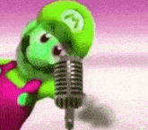 a cartoon character is singing into a microphone while wearing a green hat with the letter m on it .