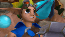 a cartoon character is wearing a blue shirt and a goggles