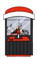 a cartoon illustration of a claw machine with a red button