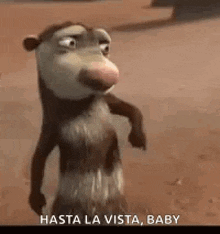 a cartoon opossum from the movie ice age is standing on a dirt road .