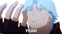 a blue haired anime character says yeah with his hands
