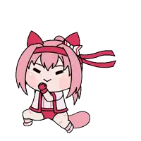 a cartoon drawing of a girl with pink hair and a red bow on her head .