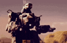 a robot is flying through the air in a video game while holding a gun .