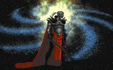 a pixel art of a knight with a red cape and a sword