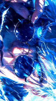 a close up of a person wearing sunglasses with a blue background