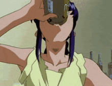 a woman with purple hair is drinking from a bottle