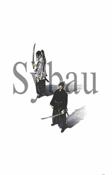 a drawing of two samurai holding swords with the word syhau in the background
