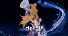 a cartoon of a girl with long hair and a hat with the words cici gif on it .