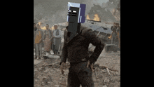 a man in a suit with a pixelated head stands in front of a crowd of people