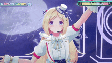 a girl in a top hat stands in front of a sign that reads secret garden