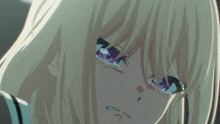a blonde anime girl with purple eyes crying