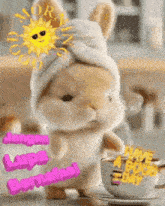 a stuffed animal with a towel wrapped around its head is standing next to a cup of coffee and saucer .