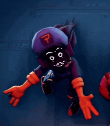 a cartoon character with a purple hat with the letter p on it