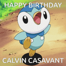 a picture of a penguin with the words happy birthday calvin casavant