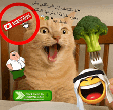 a cat is holding a piece of broccoli in front of a sign that says " subscribe "