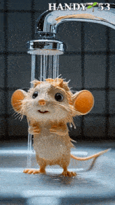 a picture of a mouse taking a shower with handy 53 in the corner